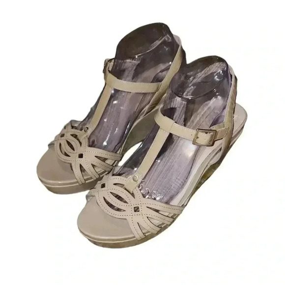 Nurture Natural Leather T-Strap Wedge Platform Sandal Heels 9 Flaw - Picture 2 of 9